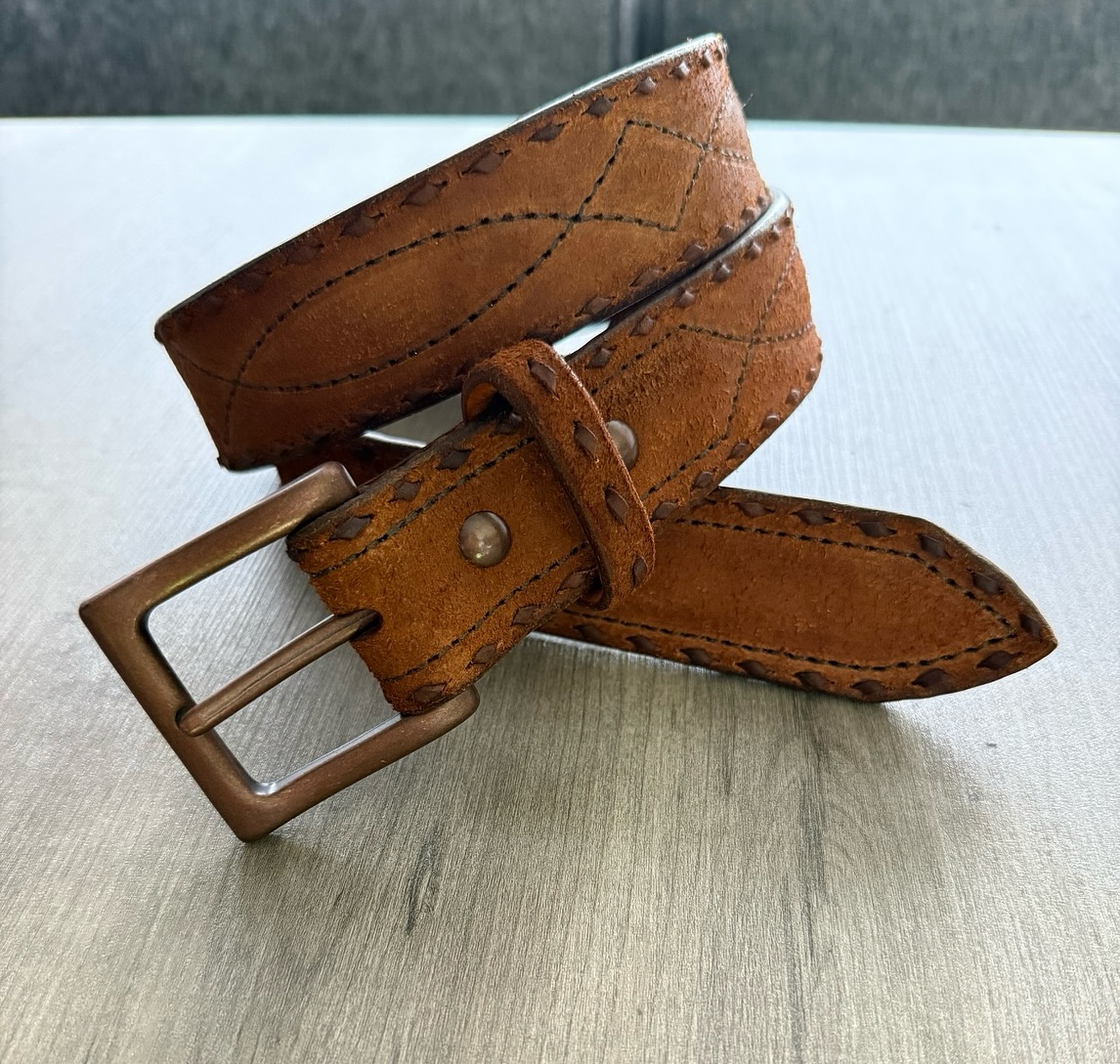 Natural tan leather belt with buckstitch detail