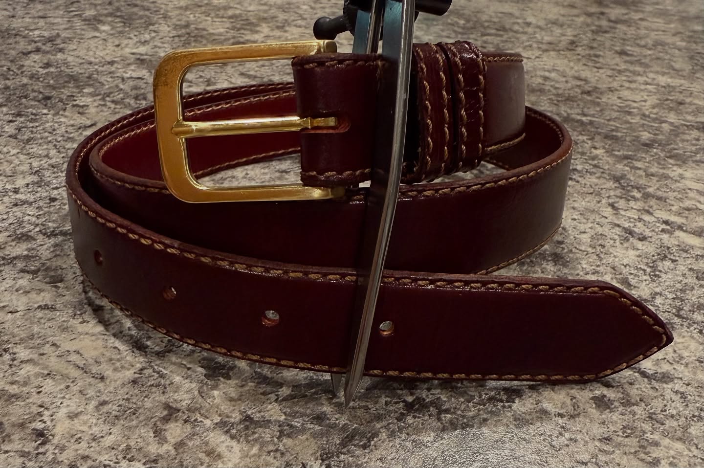 Slim burgundy dress belt with brass buckle
